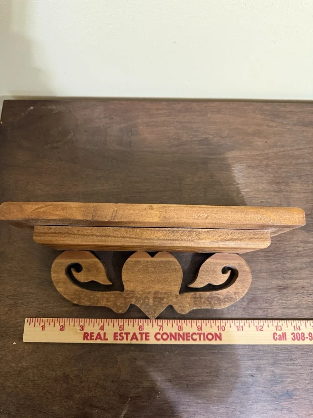 Vintage Handcrafted Wooden Wall Shelf with Heart and Scroll Carved Bracket